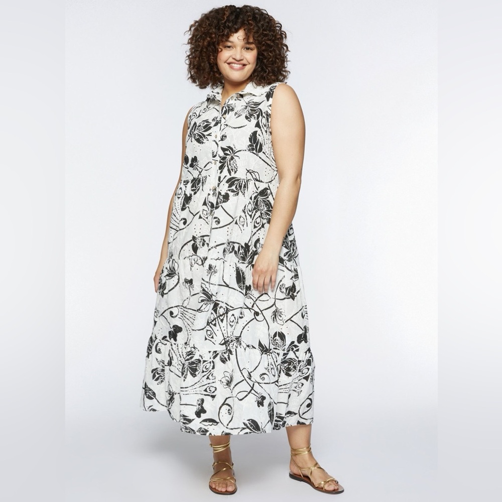 Fiorella Rubino Eyelet Floral Print Shirt Dress White / Black Size US 14
